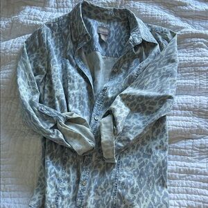 Chico's Light Blue and Cream Animal Print Button-Up Top